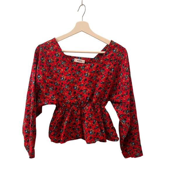 Romantic Cottagecore Red Floral Peplum Blouse | Square Neck Puff Sleeve Small - Picture 9 of 14